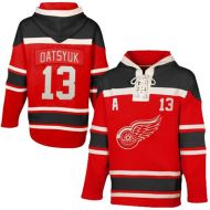 Mens Detroit Red Wings #13 Datsyuk Red Black Lace Heavyweight Hoodie Hockey Jersey