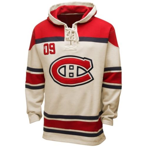 Mens Montreal Canadiens Old Time White Lace Heavyweight Hoodie Hockey Jersey