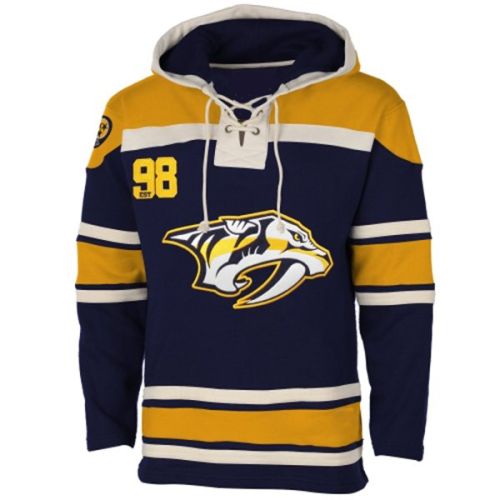 Mens Nashville Predators Old Time Blue Lace Heavyweight Hoodie Hockey Jersey