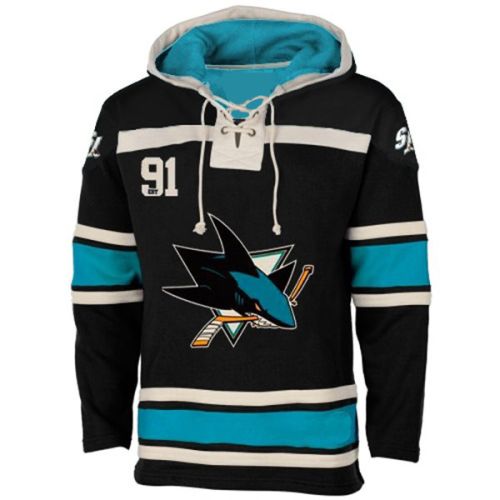 Mens San Jose Sharks Old Time Black Lace Heavyweight Hoodie Hockey Jersey